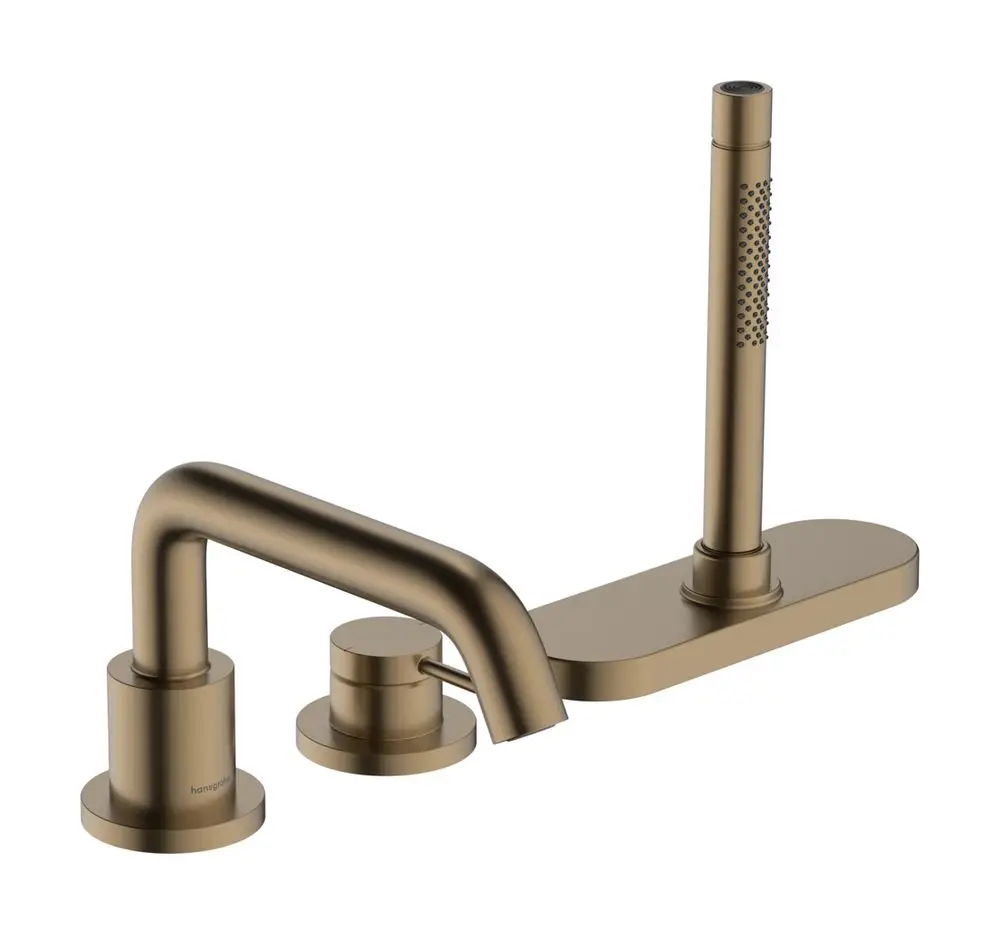 Drei-teiliges Wasserhahn-Set in gebürstetem Bronze von Hansgrohe mit zwei Drehgriffen und einem Auslauf, geeignet für den Wannenrand.